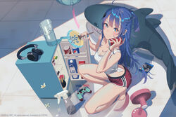  ai-chan_(playstation) blu-ray_cover blue_eyes blurry blurry_foreground blush bottle braid breasts can cleavage closed_mouth coca-cola controller cover depth_of_field dolphin_shorts drink_can dualshock electric_fan female fingernails french_braid from_side game_controller gamepad gradient_hair hair_ornament hand_fan headphones headphones_removed highres holding holding_fan hot ice ice_cube ikea_shark long_hair looking_at_viewer medium_breasts milk_carton multicolored_hair nail_polish paper_fan pepsi pink_nails pitcher_(container) playstation_controller ponytail purple_hair red_pupils refrigerator shirt shorts smile soda_can solo sony spray_bottle squatting stuffed_animal stuffed_shark stuffed_toy sweat tied_shirt toenail_polish toenails vofan white_shirt wind_chime 