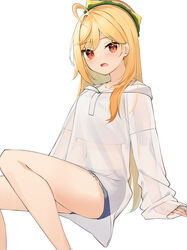  absurdres ahoge bare_legs blonde_hair blue_shorts camisole commentary crop_top cutoffs female hamburger_hat hat highres jingburger korean_commentary long_hair long_sleeves looking_at_viewer midriff navel open_mouth red_eyes see-through shirt short_shorts shorts simple_background sitting solo spaghetti_strap thighs undershirt very_long_hair virtual_youtuber waktaverse white_shirt ziro_(zirorong) 