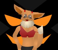  anthro anthrofied big_ears breasts clothing costume crop-top eevee eyewear fangs female fluffy fluffy_tail generation_1_pokemon glasses halloween halloween_costume holidays looking_at_viewer mean_look neckfluff nintendo pokemon pokemon_(species) pokemorph russian_eevee russian_eevee(daniella) solo tail teeth 