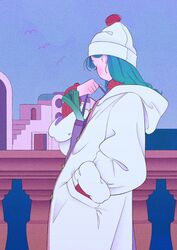  aqua_hair bird blue_sky blush building coat female from_side hand_up highres hood hood_down long_hair long_sleeves original outdoors profile rasukusekai sky solo spring_onion white_coat white_headwear 