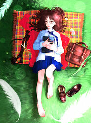  bad_id bad_pixiv_id bag barefoot book braid briefcase brown_hair commentary_request cross cutting_hair feathers feet female full_body glasses legs loafers lying natsui_tuna necktie on_back original red_eyes revision school_bag school_briefcase school_uniform severed_hair shoes short_hair skirt solo toes unworn_shoes 