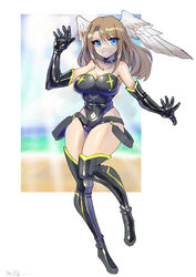  black_choker blue_eyes boots breasts choker cleavage eunie_(xenoblade) female gloves head_wings highres large_breasts long_hair looking_at_viewer oomasa_teikoku solo swimsuit thigh_boots white_wings wings xenoblade_chronicles_(series) xenoblade_chronicles_3 