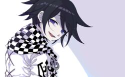  1boy black_hair chains checkered_clothes checkered_scarf commentary_request crying danganronpa_(series) danganronpa_v3:_killing_harmony jingle_(mhb729) male_focus medium_hair oma_kokichi purple_eyes scarf simple_background solo straitjacket tears two-tone_background upper_body 