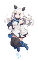  bare_shoulders black_thighhighs blue_bow blue_eyes blue_footwear boots bow commentary detached_sleeves dress english_commentary evelynn_(final_gear) female final_gear hair_ornament highres long_hair long_sleeves looking_at_viewer multicolored_bow parted_lips simple_background solo stuffed_animal stuffed_toy thighhighs turtleneck white_background white_bow white_dress white_hair y.i._(lave2217) zettai_ryouiki 