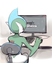  2022 chair computer computer_mouse electronics english_text furniture gallade generation_4_pokemon google google_search humanoid keyboard male monitor multicolored_body nintendo not_furry plantpenetrator pokemon pokemon_(species) self_search sitting solo text two_tone_body 