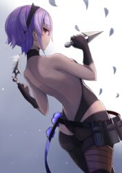  ass black_gloves black_hairband black_leotard butt_crack dark-skinned_female dark_skin fate/grand_order fate/prototype fate/prototype:_fragments_of_blue_and_silver fate_(series) female fingerless_gloves from_behind gloves hairband hassan_of_serenity_(fate) highres holding holding_knife knife kunai leggings leotard plan_(planhaplalan) purple_eyes purple_hair short_hair solo weapon 