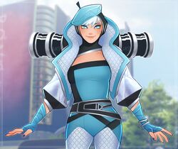  absurdres apex_legends bandaged_hand bandages beret blue_bodysuit blue_eyes blue_hat blue_nails blurry blurry_background bodysuit breasts female grey_jacket hat haute_drop_wattson highres jacket lila_(lilakeylk) looking_to_the_side official_alternate_costume olympus_(apex_legends) scar scar_on_cheek scar_on_face small_breasts smile solo wattson_(apex_legends) white_hair 