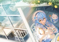  :d ahoge bangs bare_shoulders beret blue_bow blue_coat blue_hair blue_neckwear blush bow bowtie braid breasts cake cake_slice center_frills cleavage coat collared_shirt commentary_request cup daifuku_(yukihana_lamy) day elf eyebrows_visible_through_hair female flower food frills fur-trimmed_coat fur_trim hair_between_eyes hair_flower hair_ornament hat heart_ahoge highres holding holding_cup hololive indoors large_breasts light_particles long_hair long_sleeves looking_at_viewer multicolored_hair off_shoulder on_chair open_mouth plate pointy_ears print_coat rokcha shirt sitting sleeveless sleeveless_shirt smile snowflake_print solo streaked_hair table twitter_username very_long_hair virtual_youtuber white_flower white_headwear white_shirt window yellow_eyes yukihana_lamy 