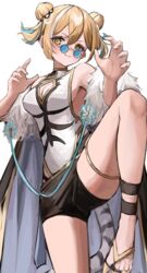  absurdres bare_shoulders black_coat black_shorts blonde_hair breasts cleavage cleavage_cutout closed_mouth clothing_cutout coat djeeta_(granblue_fantasy) double_bun female fur-trimmed_coat fur_trim granblue_fantasy hair_bun hands_up highres looking_at_viewer medium_breasts off_shoulder official_alternate_costume round_eyewear sandals shiro_wa_(shiroshironix) shirt short_hair short_shorts shorts silverroar&#039;s_swiftclaw_(granblue_fantasy) sleeveless sleeveless_shirt smile solo standing standing_on_one_leg tail thigh_strap tiger_tail two_side_up white_background white_shirt yellow_eyes 