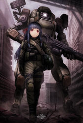  1other belt black_belt blue_hair boots brown_footwear brown_pants bt-7274 building cannon closed_mouth cosplay crossover female full_body gloves green_gloves gun hair_ornament hair_tie helmet highres holding holding_cannon holding_gun holding_helmet holding_weapon kotonoha_aoi kurione_(zassou) leg_belt long_hair long_sleeves machinery mecha multiple_belts outdoors overcast pants pilot_(titanfall_2) pilot_(titanfall_2)_(cosplay) pink_eyes pouch robot ruins science_fiction sky titan_(titanfall) titanfall_(series) titanfall_2 voiceroid weapon 