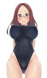  aimobake arms_behind_back bad_id bad_twitter_id bespectacled black_one-piece_swimsuit blush breasts brown_eyes brown_hair commentary_request cowboy_shot female glasses half-closed_eyes highleg highleg_swimsuit highres idolmaster idolmaster_cinderella_girls large_breasts light_smile long_hair looking_at_viewer one-piece_swimsuit open_mouth rimless_eyewear sawada_marina simple_background solo standing swimsuit wet white_background 