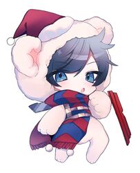  1boy :o animal_costume apex_legends bear_costume blue_eyes blue_hair blush brudda_bear_gibraltar chibi commentary cosplay fur_trim gibraltar_(apex_legends) gibraltar_(apex_legends)_(cosplay) hat hat_over_hood highres indie_utaite kom0980 male_focus open_mouth red_hat santa_hat scarf shield solo soraru symbol-only_commentary utaite white_background 