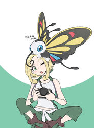  ankle_boots bare_arms beautifly belt blonde_hair blush boots brown_footwear camera commentary_request crop_top dated eyelashes female green_eyes green_pants green_wristband holding holding_camera looking_up nibo_(att_130) on_head one_eye_closed open_mouth pants pokemon pokemon_(creature) pokemon_on_head pokemon_xy shirt sleeveless sleeveless_shirt two-tone_background viola_(pokemon) white_belt white_shirt wristband 