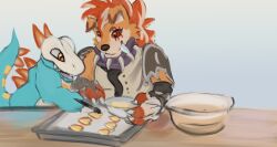  2024 baking chomper_(lost_in_chaos) clothed clothing cookie cooking fan_character food fuecoco generation_2_pokemon generation_7_pokemon generation_9_pokemon hi_res hybrid invalid_tag lost_in_chaos_scar lycanroc midnight_lycanroc nim_(lost_in_chaos) nim_(razim) nintendo pokemon pokemon_(species) rdy teaching totodile zgf_art 