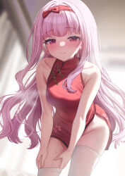  absurdres adjusting_clothes adjusting_legwear blurry blurry_background blush bow bow_hairband china_dress chinese_clothes closed_mouth collarbone commentary_request dress empty_x_embryo female fushimi_makina hairband hayama_(ewzn7285) highres leaning_forward long_hair looking_at_viewer pink_hair red_bow red_dress red_eyes red_hairband side_slit skindentation sleeveless sleeveless_dress solo sweat thighhighs thighs white_thighhighs yuzu-soft 