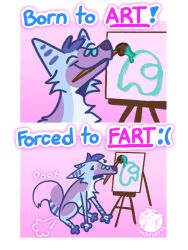  2_panel_comic among_us andromorph_(lore) blue_body blue_fur blue_hair brush canid canine canvas cheek_tuft chest_tuft closed_eyes ears_back english_text facial_tuft fart fart_cloud feral fox frown fur green_markings hair half-closed_eyes hi_res humor innersloth luckfoxo33 male mammal markings narrowed_eyes paintbrush pivoted_ears purple_body purple_fur smile solo text tolng trans_(lore) trans_man_(lore) tuft 