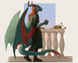  accessory alcohol anthro apple belt beverage boots braided_hair braided_ponytail clothing dragon flower food footwear fruit fur furred_dragon furred_scalie green_body green_clothing green_fur hair hi_res horn lineless looking_at_viewer male mythological_creature mythological_scalie mythology neargle_(rns9292) orange_body orange_fur pear pillar pink_flower plant ponytail pseudo_horn red_eyes red_hair scalie shaded shirt shoes siberian-demon signature simple_background solo tail topwear tunic wine winged_dragon wings wood wooden_horn 