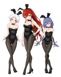  3girls ahoge animal_ears arms_behind_back black_bow black_bowtie black_footwear black_leotard black_pantyhose blue_eyes blue_hair blush bow bowtie braid breasts bunny_day c: commentary_request crossed_legs detached_collar elf eris_greyrat fake_animal_ears fake_tail frown full_body hair_between_eyes hand_on_own_hip hand_up high_heels highres large_breasts leotard long_hair looking_at_viewer multiple_girls mushoku_tensei orange_eyes pantyhose pointy_ears rabbit_ears rabbit_tail red_eyes red_hair rora_(user_vgpk4444) roxy_migurdia short_hair simple_background small_breasts smile standing stiletto_heels strapless strapless_leotard sylphiette_(mushoku_tensei) tail thigh_gap thighs traditional_bowtie twin_braids very_long_hair watson_cross white_background white_hair white_sleeve_cuffs 