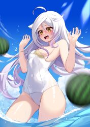  absurdres ahoge blue_sky blush breasts cloud convenient_censoring covered_navel female food fruit gradient_hair grey_hair hair_flaps henya_the_genius henya_the_genius_(3rd_costume) highres looking_at_viewer multicolored_hair one-piece_swimsuit open_mouth purple_hair sky small_breasts spiro_(supirou2052) swimsuit teeth upper_teeth_only virtual_youtuber vshojo water watermelon white_one-piece_swimsuit yellow_eyes 