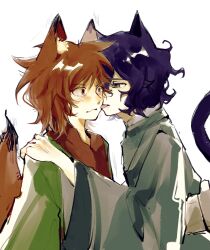  2boys alternate_costume animal_ear_fluff animal_ears blue_hair blush brown_eyes brown_hair brown_trim cat_boy cat_ears chinese_commentary closed_mouth commentary_request dark_blue_hair fox_boy fox_ears fox_tail green_kimono grey_eyes grey_kimono hand_on_another&#039;s_shoulder harada_minoru highres japanese_clothes kemonomimi_mode kimono licking licking_another&#039;s_cheek licking_another&#039;s_face long_sleeves male_focus multiple_boys nan_fu_dian_ci saibou_shinkyoku short_hair simple_background surprised tail utsugi_noriyuki white_background wide-eyed wide_sleeves yaoi 