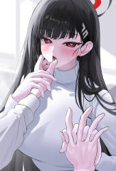  1other absurdres black_hair blue_archive blush bright_pupils commentary female finger_in_another&#039;s_mouth hair_ornament hairpin halo highres holding_hands interlocked_fingers long_hair pov pov_hands red_eyes red_halo rio_(blue_archive) saliva saliva_trail sweater symbol-only_commentary turtleneck turtleneck_sweater upper_body white_pupils white_sweater yuki_(asayuki101) 