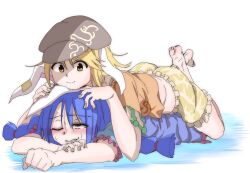  2girls animal_ears barefoot blonde_hair blue_dress blue_hair blush brown_hat dress earclip hands_on_another&#039;s_head hat looking_at_another lying_on_another multiple_girls one_eye_closed orange_shirt plump rabbit_ears rabbit_girl red_eyes ringo_(touhou) seiran_(touhou) shinmon_akika shirt short_hair shorts simple_background smile sweatdrop touhou twintails white_background yellow_eyes yellow_shorts 