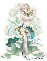  amakarashi blonde_hair blue_eyes blue_ribbon breast_curtains breasts character_request closed_mouth copyright_notice detached_sleeves earrings female flower_knight_girl full_body gold_trim gradient_ribbon green_footwear green_nails green_ribbons high_heels highres holding holding_sword holding_weapon jewelry large_breasts midriff mole mole_under_eye multicolored_clothes multicolored_skirt navel official_art pom_pom_(clothes) pom_pom_earrings ribbon short_hair skirt solo sword tassel thighhighs weapon white_skirt white_thighhighs 