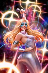  alison_blaire arm_up armlet ass blonde_hair bracelet dazzler dcwj facial_tattoo female hand_on_own_hip highres holding holding_microphone jewelry long_hair looking_at_viewer marvel microphone signature sleeveless solo tattoo white_unitard x-men 