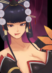  absurdres ametsuchidoji black_hat blunt_bangs breasts cleavage collarbone dead_or_alive dead_or_alive_xtreme female hat highres looking_at_viewer nyotengu purple_eyes smile solo tokin_hat tongue tongue_out 