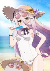  animal-themed_eyewear beach blue_sky breasts closed_mouth covered_navel eyewear_on_head female flower food ghostcity gradient_hair grey_hair hair_between_eyes hat hat_flower henya_the_genius henya_the_genius_(3rd_costume) highres holding holding_food holding_popsicle long_hair multicolored_hair ocean one-piece_swimsuit popsicle purple_hair sky small_breasts smile sun_hat sunflower swimsuit virtual_youtuber vshojo white_one-piece_swimsuit yellow_eyes 