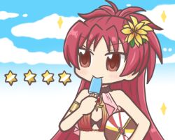  bad_id bad_source bad_twitter_id ball beachball bikini black_bikini blue_sky cloud eating female flat_chest flower food hair_flower hair_ornament hand_up holding holding_ball holding_food holding_popsicle long_hair looking_at_viewer magia_record:_mahou_shoujo_madoka_magica_gaiden mahou_shoujo_madoka_magica outdoors ponytail popsicle red_hair reverse_(bluefencer) sakura_kyoko sakura_kyoko_(swimsuit_ver.) sky solo sparkle star_(symbol) swimsuit upper_body yellow_flower 