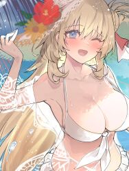  agnes_claudel bikini blonde_hair blue_eyes blush breasts bun_with_braided_base eiyuu_densetsu female front-tie_bikini_top front-tie_top hair_between_eyes hair_bun hat highres kai_no_kiseki kuro_no_kiseki_(series) large_breasts long_hair looking_at_viewer one_eye_closed open_mouth sagara_riri single_side_bun skirt smile sun_hat swimsuit water_drop 