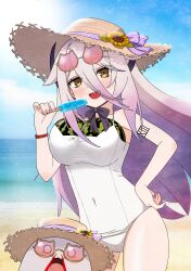  animal-themed_eyewear beach blood blue_sky cloud covered_navel eyewear_on_head female flower food fruit ghostcity gradient_hair grey_hair hair_between_eyes hat hat_flower henya_the_genius henya_the_genius_(3rd_costume) highres holding holding_food holding_popsicle long_hair multicolored_hair nosebleed ocean one-piece_swimsuit open_mouth popsicle purple_hair sky smile sun_hat sunflower swimsuit virtual_youtuber vshojo watermelon white_one-piece_swimsuit yellow_eyes 