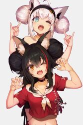  2girls :3 ;d absurdres ahoge animal_ear_fluff animal_ears aqua_eyes black_choker black_hair black_hairband black_shirt blush breasts choker claw_pose commentary_request cropped_shirt crossed_bangs double_bun double_fox_shadow_puppet floral_print_shirt fox_ears fox_girl fox_shadow_puppet hair_between_eyes hair_bun hairband hands_up highres hololive large_breasts looking_at_viewer multicolored_hair multiple_girls navel neckerchief off_shoulder official_alternate_costume one_eye_closed ookami_mio ookami_mio_(another_ookami_mio) open_mouth orange_eyes red_hair red_shirt sailor_collar shirakami_fubuki shirakami_fubuki_(loungewear) shirt short_sleeves simple_background smile streaked_hair sue_(bg-bros) tongue two-tone_hair upper_body virtual_youtuber white_background white_hair white_neckerchief white_sailor_collar wolf_ears wolf_girl 