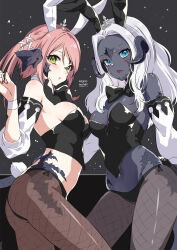  2girls au_ra black_bow black_bowtie black_scales blue_eyes bow bowtie breasts cirina_mol cleavage corset detached_sleeves dragon_horns dragon_tail final_fantasy final_fantasy_xiv fishnet_pantyhose fishnets green_eyes highres horns lili_mdoki looking_at_viewer multiple_girls navel panties pantyhose pink_hair playboy_bunny sadu_dotharl scales stomach tail underwear white_hair 