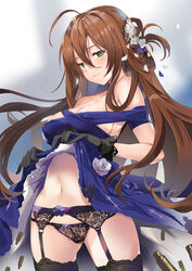  black_panties black_thighhighs blue_dress breasts brown_hair dress female flower garter_belt girls&#039;_frontline green_eyes hair_flower hair_ornament highres lace lace_panties lifting_own_clothes navel official_alternate_costume panties shell_casing solo springfield_(girls&#039;_frontline) springfield_(queen_in_radiance)_(girls&#039;_frontline) thighhighs togo_(korlsj1235) underwear 