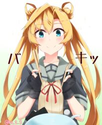  abukuma_(kancolle) abukuma_kai_ni_(kancolle) bad_id bad_pixiv_id black_gloves black_jacket blonde_hair blue_eyes bowl broken_chopsticks chopsticks commentary_request double_bun female gloves gradient_background grey_background grey_sailor_collar hair_between_eyes hair_bun hair_rings half-split_chopsticks highres holding holding_chopsticks ibuki_grunt jacket kantai_collection long_hair neck_ribbon partially_fingerless_gloves red_ribbon ribbon sailor_collar school_uniform serafuku short_sleeves solo upper_body white_background 