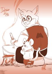  2020 anthro bottomwear bumomomoboa clothing cooking duo eyewear fire glasses hi_res humanoid_hands inktober inktober_2020 kemono male mammal mouse murid murine pants rodent shirt sitting topwear 