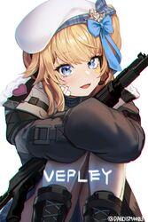  bandage_on_face bandages beret blonde_hair blue_bow blue_eyes blush bow character_name coat commentary_request dano female fur-trimmed_coat fur_trim girls&#039;_frontline girls&#039;_frontline_2:_exilium gun hairbow hat heart heart_stickers hugging_own_legs korean_commentary long_sleeves looking_at_viewer medium_hair one_side_up open_mouth shotgun sidelocks sitting smile solo twitter_username vepley_(girls&#039;_frontline_2) vepr-12 weapon white_background white_hat 