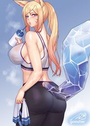  ahri_(league_of_legends) animal_ears artist_name ass blue_eyes bottle breasts commentary crystal_tail facial_mark female fox_ears gonster gradient_hair highres holding holding_bottle k/da_(league_of_legends) k/da_ahri large_breasts league_of_legends long_hair multicolored_hair pants ponytail puckered_lips see-through see-through_sports_bra sidelocks simple_background solo sports_bra steam sweat tail water_bottle whisker_markings yoga_pants 