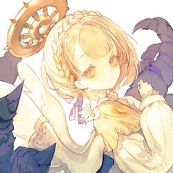  angel blonde_hair blunt_bangs braid briar_rose_(sinoalice) closed_mouth expressionless female hair_ribbon halo long_sleeves looking_at_viewer puffy_long_sleeves puffy_sleeves ribbon senryoko short_hair simple_background sinoalice solo thorns white_background wings yellow_eyes 