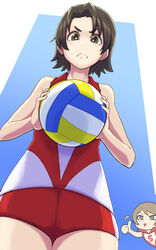  2girls ^^^ alternate_costume bad_id bad_pixiv_id ball blue_background brown_eyes brown_hair chibi closed_mouth commentary frown girls_und_panzer highres holding holding_ball kawanishi_shinobu looking_at_viewer multiple_girls ooarai_volleyball_uniform parted_bangs peeking_out red_shirt red_shorts sawa_azusa shirt short_hair short_shorts shorts single_vertical_stripe sleeveless sleeveless_shirt solo_focus sportswear standing swept_bangs thumbs_up v-shaped_eyebrows volleyball volleyball_(object) volleyball_uniform yougata 