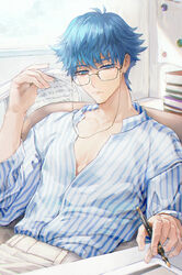  1boy aged_up bad_id bad_pixiv_id blue_eyes blue_hair changye eyewear_strap fate/grand_order fate_(series) glasses hans_christian_andersen_(adult)_(fate) hans_christian_andersen_(fate) holding holding_pen male_focus newspaper partially_unbuttoned pen pinstripe_pattern pinstripe_shirt shirt solo striped 