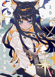  absurdres animal_ear_fluff animal_ears arknights astesia_(arknights) black_hair black_skirt blue_eyes celestial_globe clock closed_mouth collared_shirt colored_inner_hair commentary constellation dated female high-waist_skirt highres kemonomimi_mode lace long_hair long_sleeves multicolored_hair orange_hair rhine_lab_logo shirt skirt solo symbol-only_commentary taowu_(20809) upper_body white_background white_shirt 