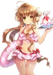  ahoge bikini brown_hair chibi-moth chinese_commentary closed_mouth commentary english_commentary female flower food frilled_bikini frills green_eyes hair_flower hair_ornament highres innertube kanbe_kotori key_(company) lliissaawwuu2 long_hair pink_bikini rewrite shaved_ice sidelocks simple_background smile solo swim_ring swimsuit white_background white_flower 