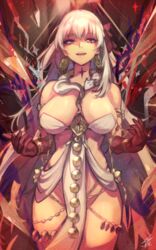  bare_shoulders body_markings bracelet breasts chains cleavage durga_(fate) dynamitenatalia earrings fate/grand_order fate_(series) female gem gloves gold gold_chain gold_earrings jewelry large_breasts long_hair looking_at_viewer navel red_eyes red_gloves red_ribbon revealing_clothes ribbon sidelocks signature smile snake thighs weapon white_hair white_snake wide_hips 