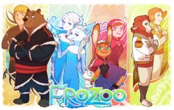  2016 anthro bear blonde_hair blue_eyes border bovid brown_body brown_fur burnrice8 canid canine caprine clothed clothing crossed_arms crossover disney dress food fox frozen_(movie) fully_clothed fur group hair human lagomorph leporid mammal popsicle princess_anna_(frozen) queen_elsa_(frozen) rabbit sheep standing white_body white_border white_fur zootopia 