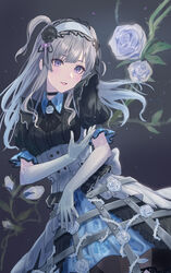  absurdres black_choker black_dress black_flower black_rose blue_dress blunt_bangs choker dress elbow_gloves enporion female flower gloves grey_hair hair_flower hair_ornament headband highres idolmaster idolmaster_shiny_colors multicolored_clothes multicolored_dress open_mouth puffy_short_sleeves puffy_sleeves purple_eyes rose short_sleeves smile solo two_side_up white_flower white_gloves white_headband white_rose yukoku_kiriko 