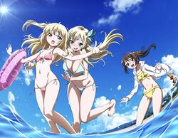  3girls :o aqua_eyes armpits beach bikini black_eyes black_hair blonde_hair blue_bikini blue_eyes blue_sky blush boku_wa_tomodachi_ga_sukunai breasts brown_eyes brown_hair bug butterfly butterfly_hair_ornament cleavage clownfish day fish front-tie_bikini_top front-tie_top glasses groin hair_ornament halterneck hasegawa_kobato heterochromia hood hoodie innertube ishii_kumi kashiwazaki_sena large_breasts long_hair multiple_girls navel oerba_yun_fang official_art open_clothes open_mouth outdoors pink_bikini ponytail ribbon shiguma_rika side-tie_bikini_bottom sky small_breasts smile splashing string_bikini sun swim_ring swimsuit tankini teeth thigh_gap tropical_fish twintails two_side_up upper_teeth_only watanabe_yoshihiro wrist_ribbon 