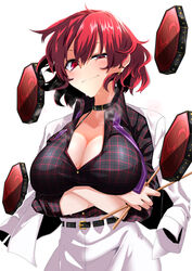  arms_under_breasts belt black_shirt blush breast_hold breasts breath cleavage collarbone drum drumsticks earrings female highres holding holding_drumsticks horikawa_raiko instrument jacket jewelry large_breasts looking_at_viewer plaid red_eyes red_hair rihito_(usazukin) shirt short_hair simple_background skirt smile solo steaming_body touhou upper_body white_background white_jacket white_skirt 